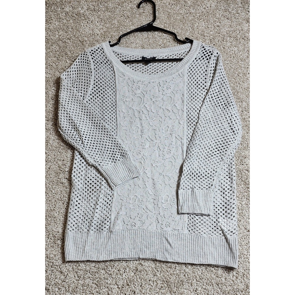 Apt 9 Women's Lightweight Open Knit Lace Panel Sweater Gray Small Cottagecore‎